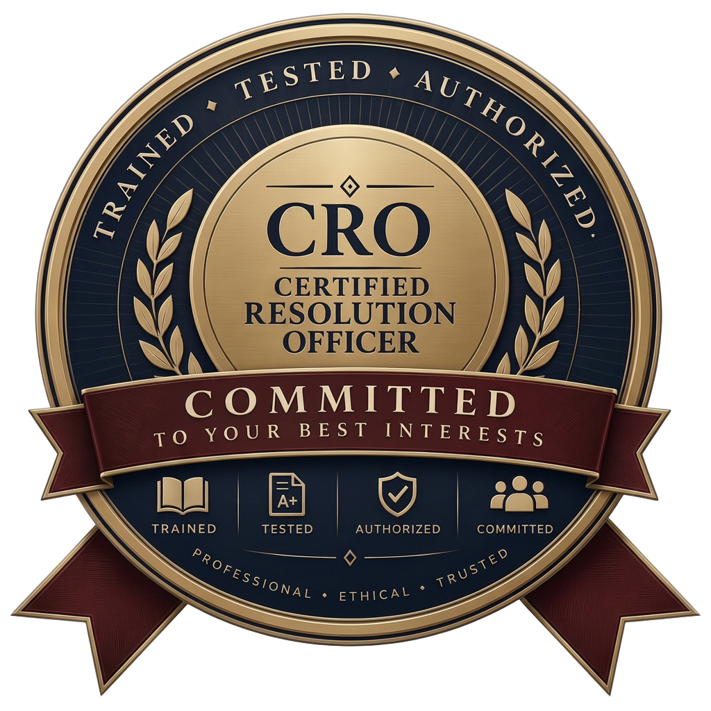 CRO Certified Resolution Officer — trained, tested, authorized, and committed to your best interests