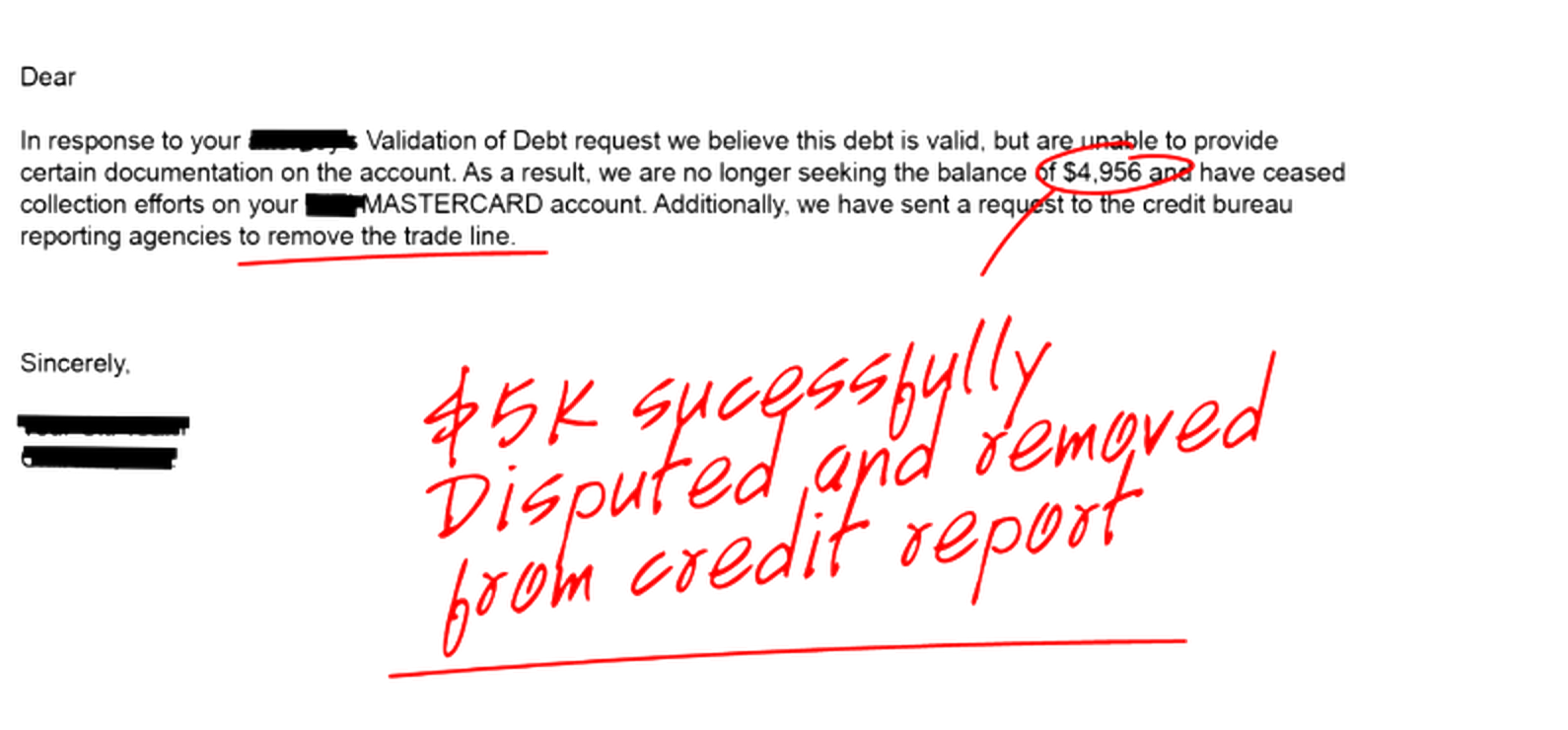 Redacted creditor letter confirming a disputed balance was no longer being collected and the tradeline was requested to be removed