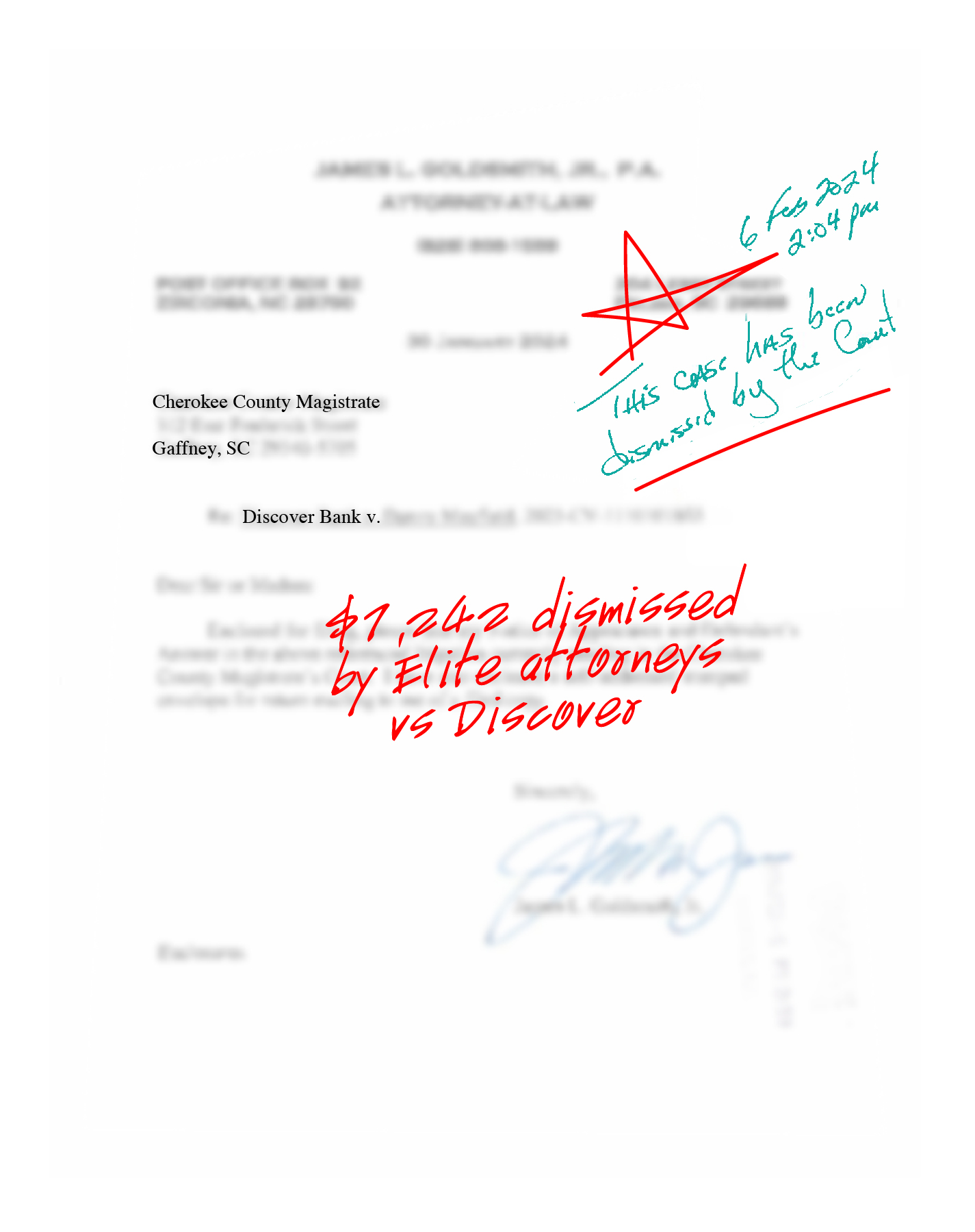 Redacted case dismissal document, example 2