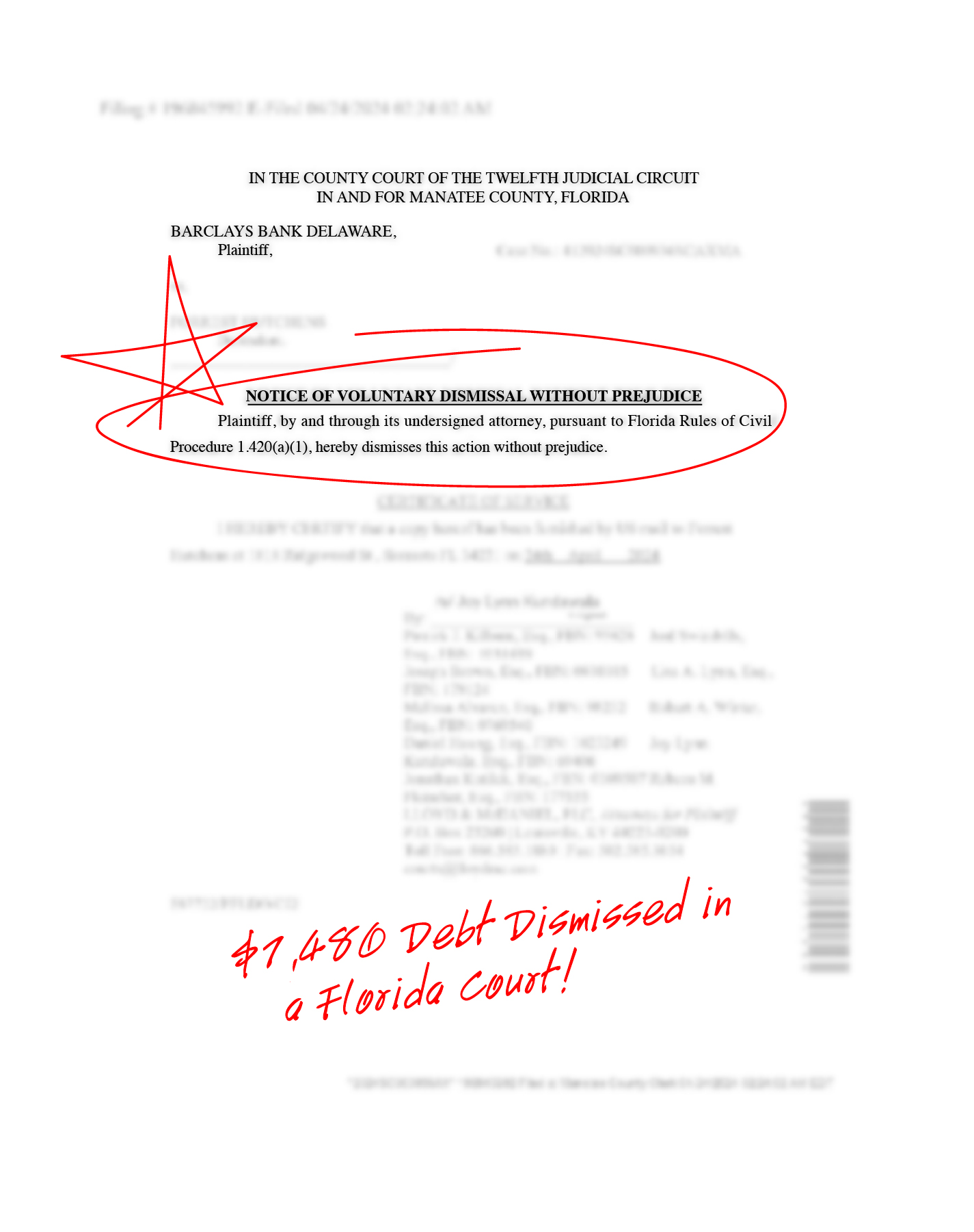 Redacted case dismissal document, example 4
