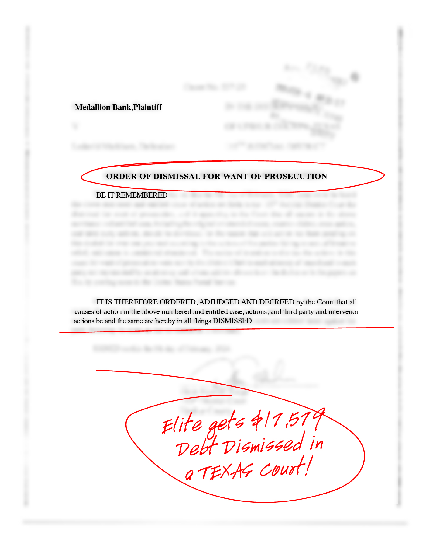 Redacted case dismissal document, example 6