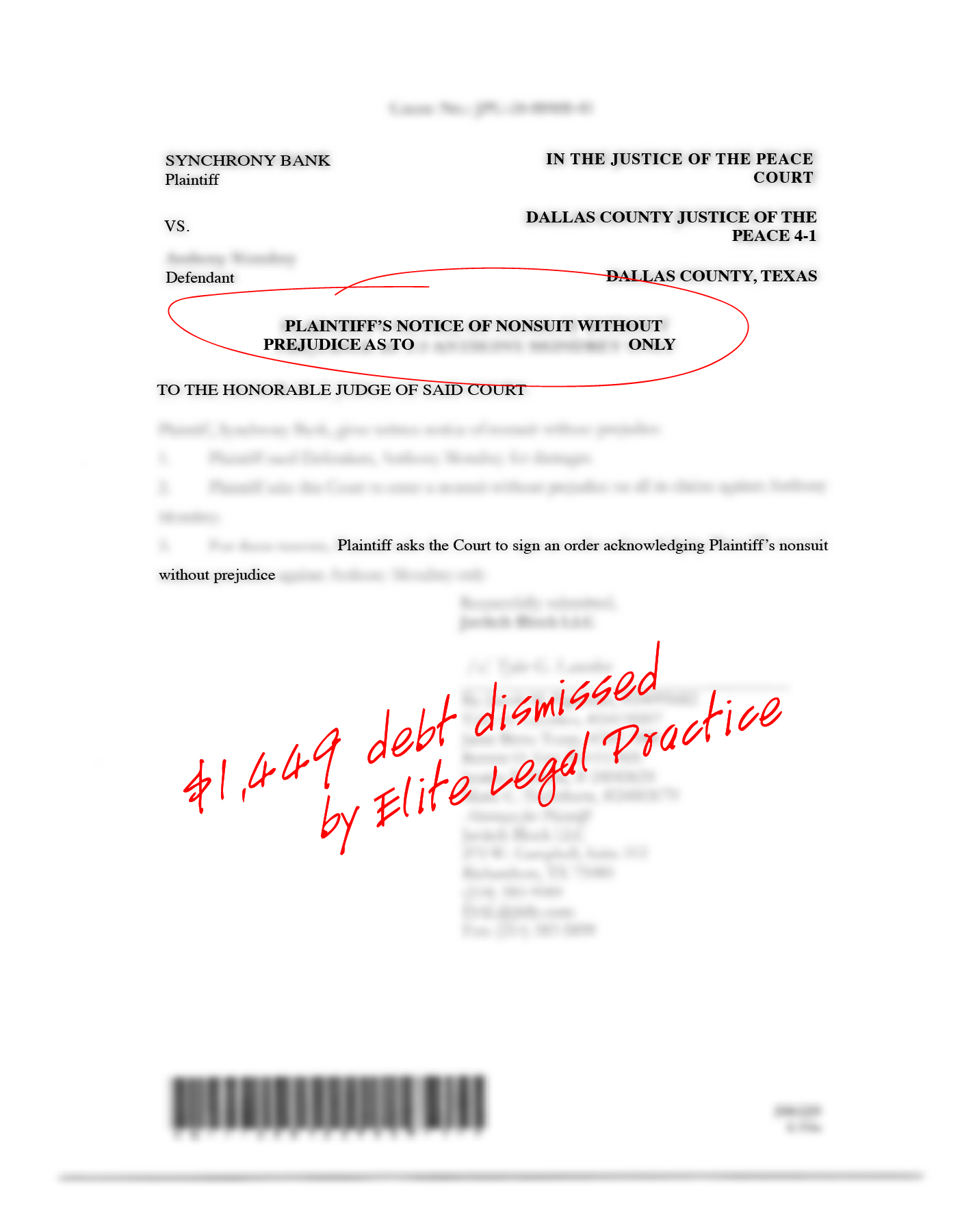 Redacted case dismissal document, example 8
