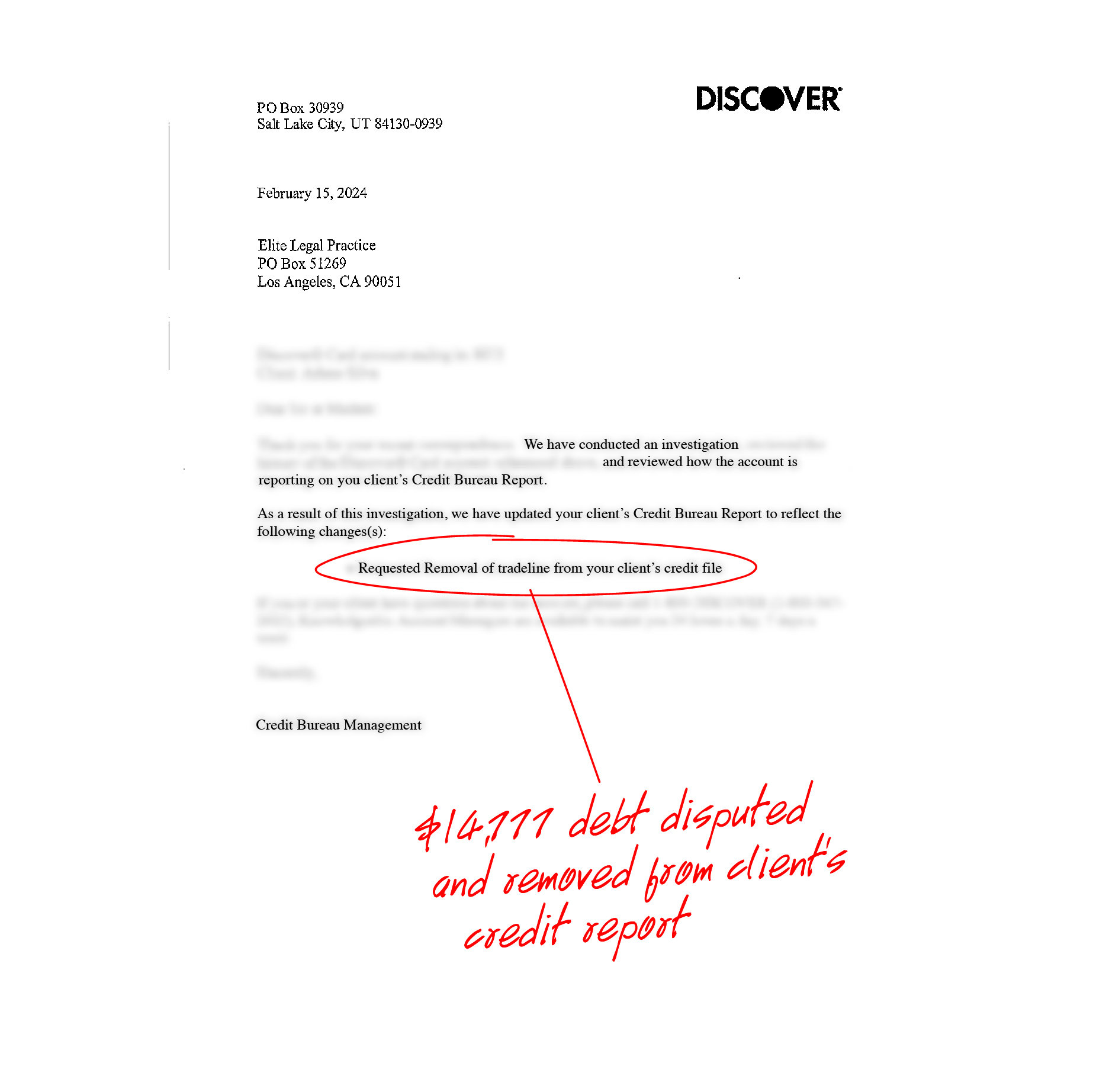 Redacted debt dispute resolution document, example 1