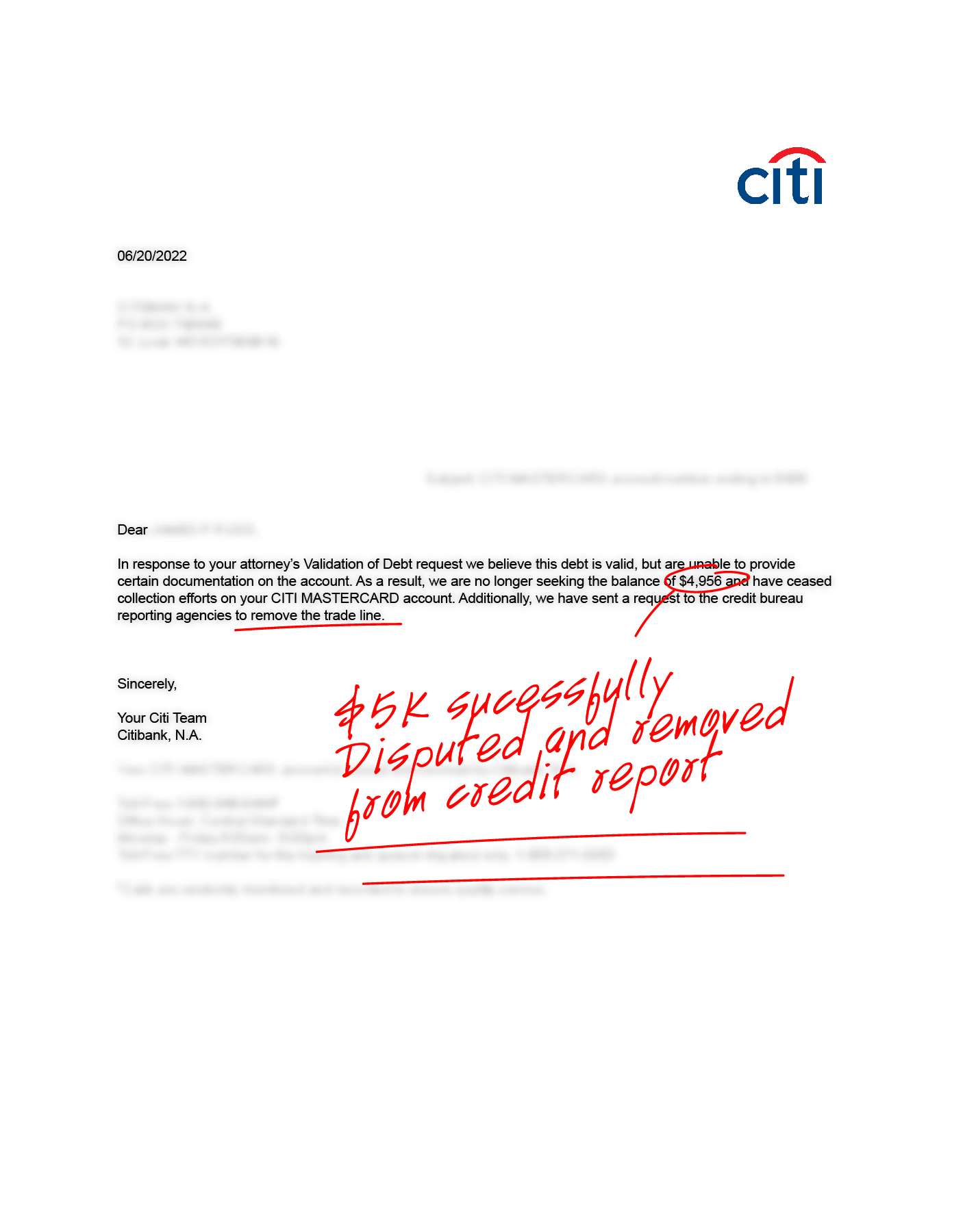 Redacted debt dispute resolution document, example 2