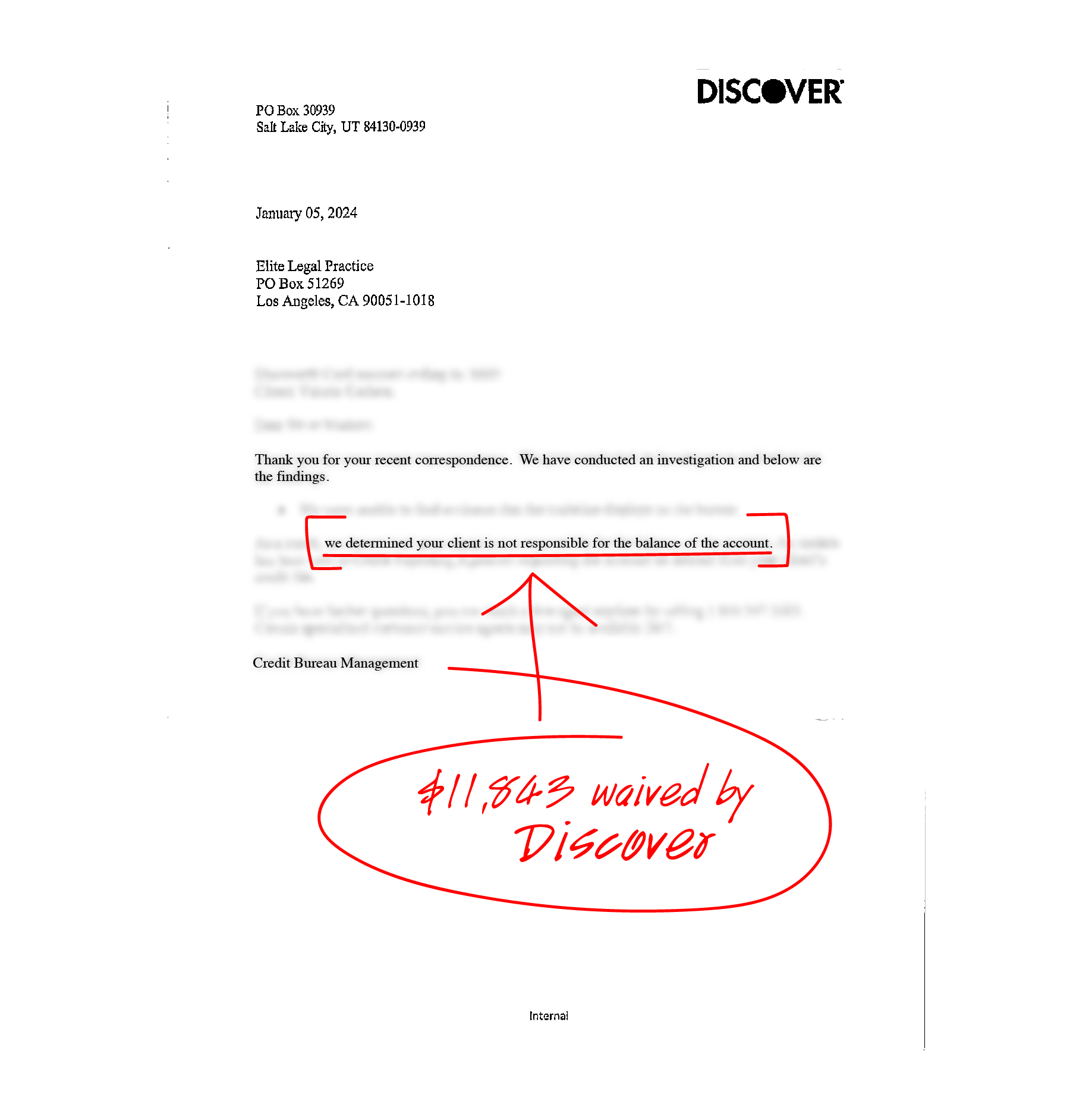 Redacted debt dispute resolution document, example 3