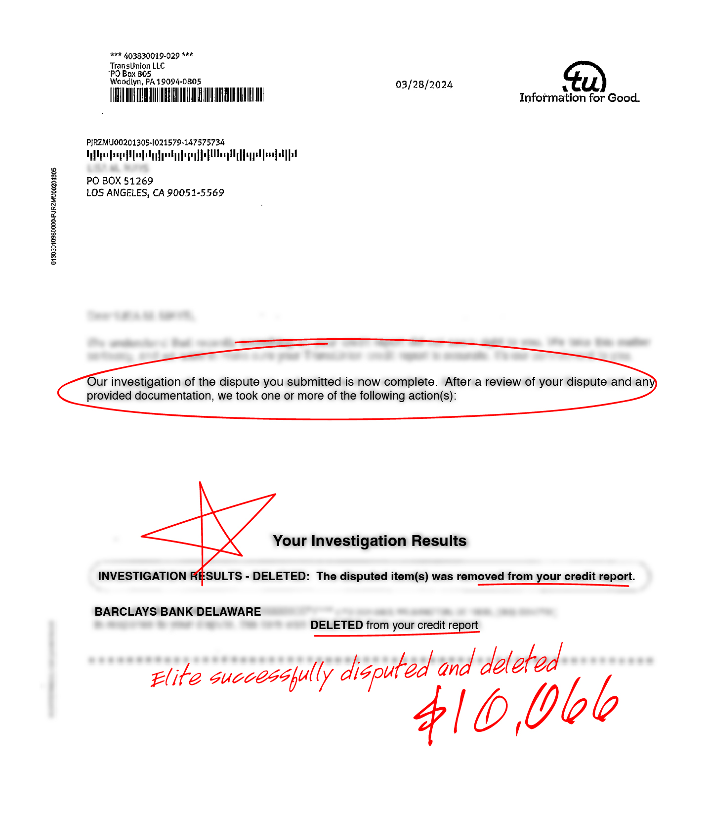 Redacted debt dispute resolution document, example 4