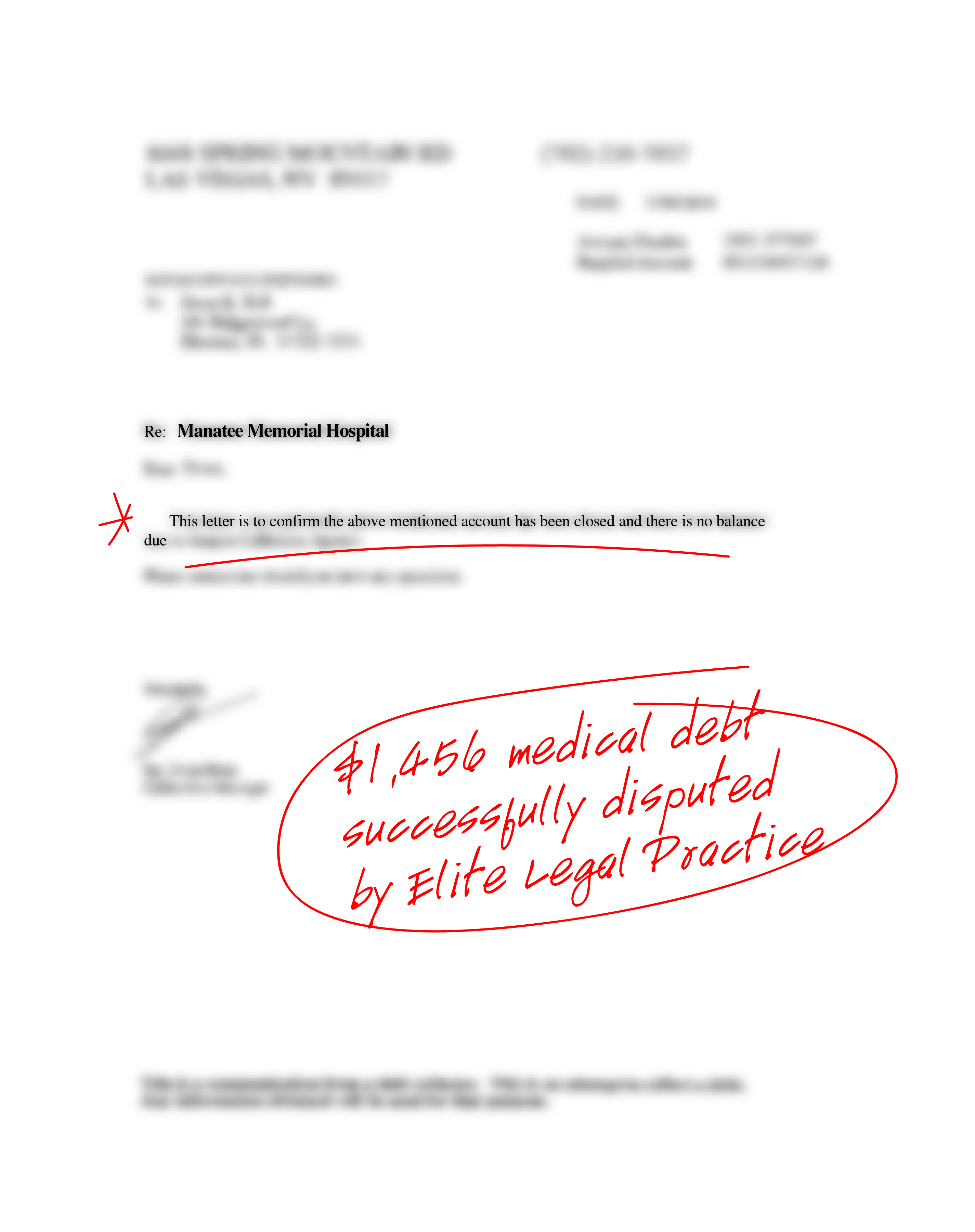 Redacted debt dispute resolution document, example 5