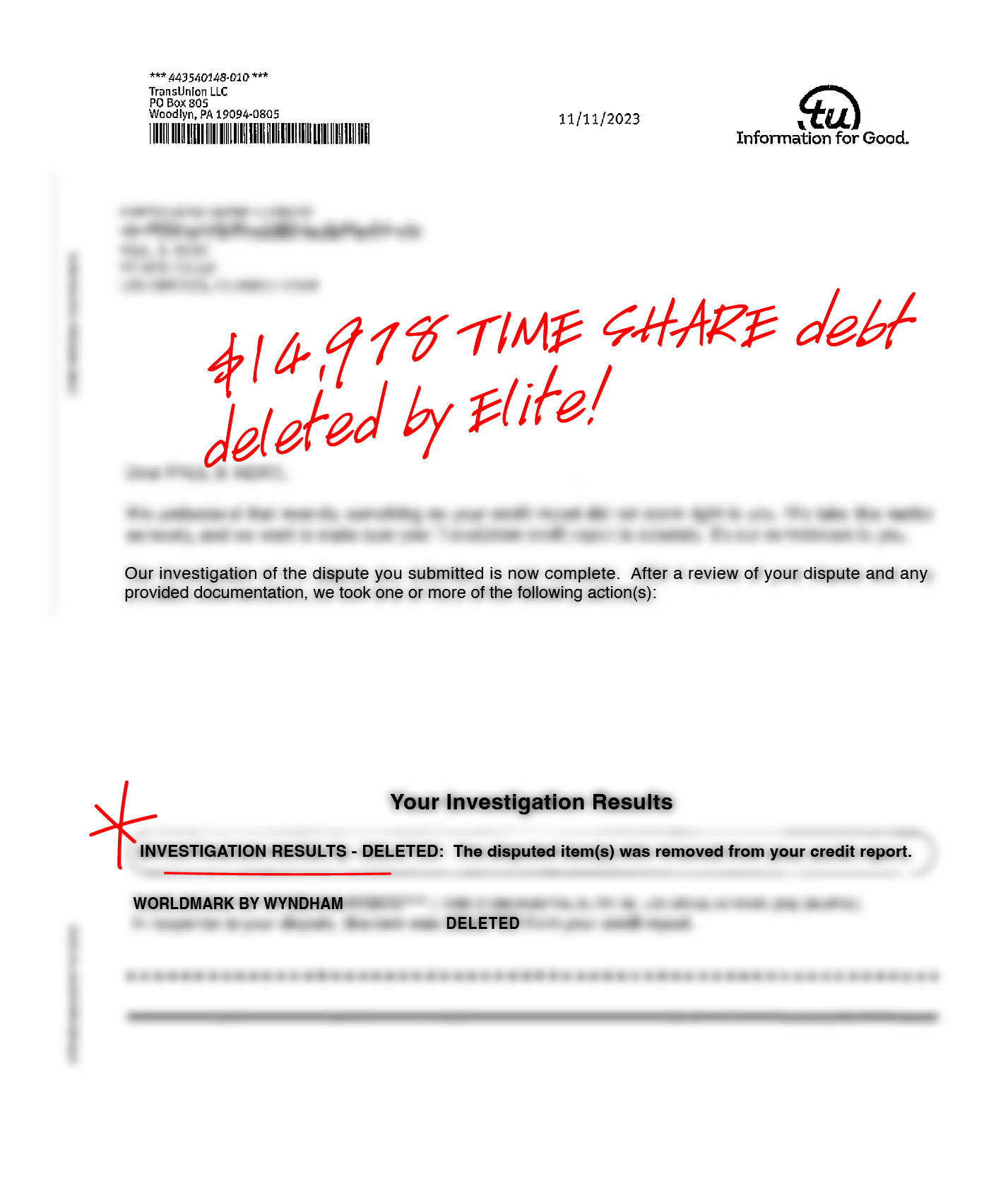 Redacted debt dispute resolution document, example 7