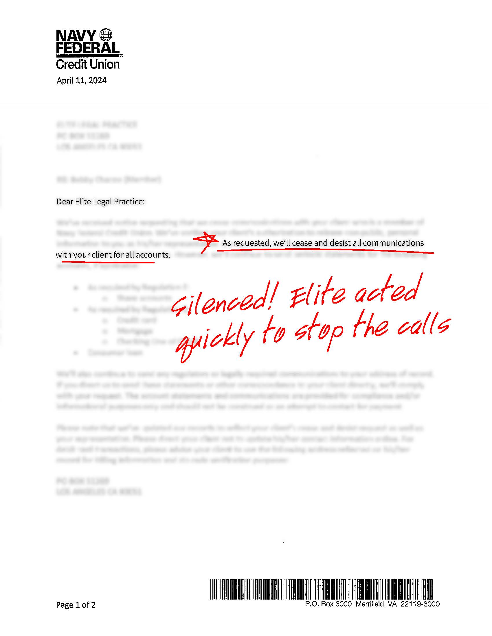 Redacted letter of representation acknowledgement, example 4