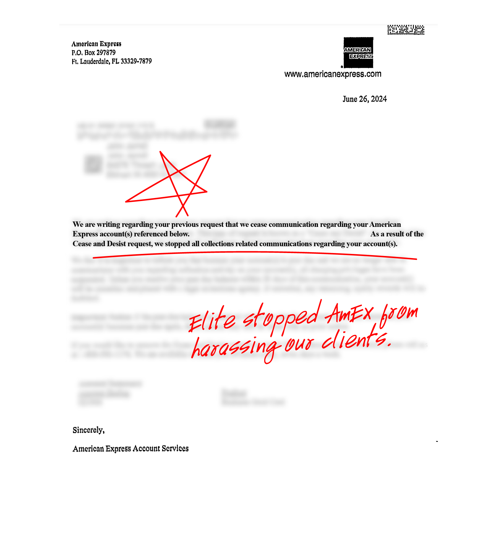 Redacted letter of representation acknowledgement, example 6
