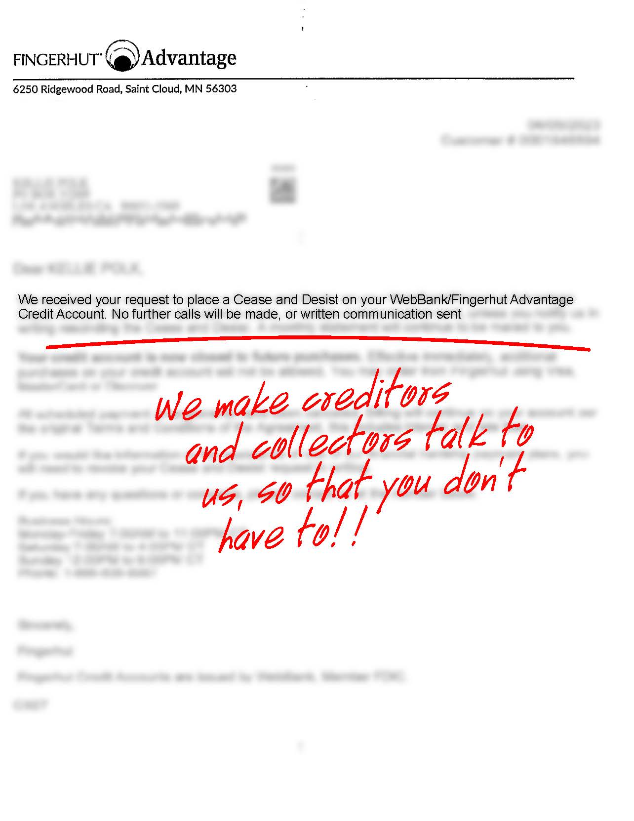 Redacted letter of representation acknowledgement, example 8